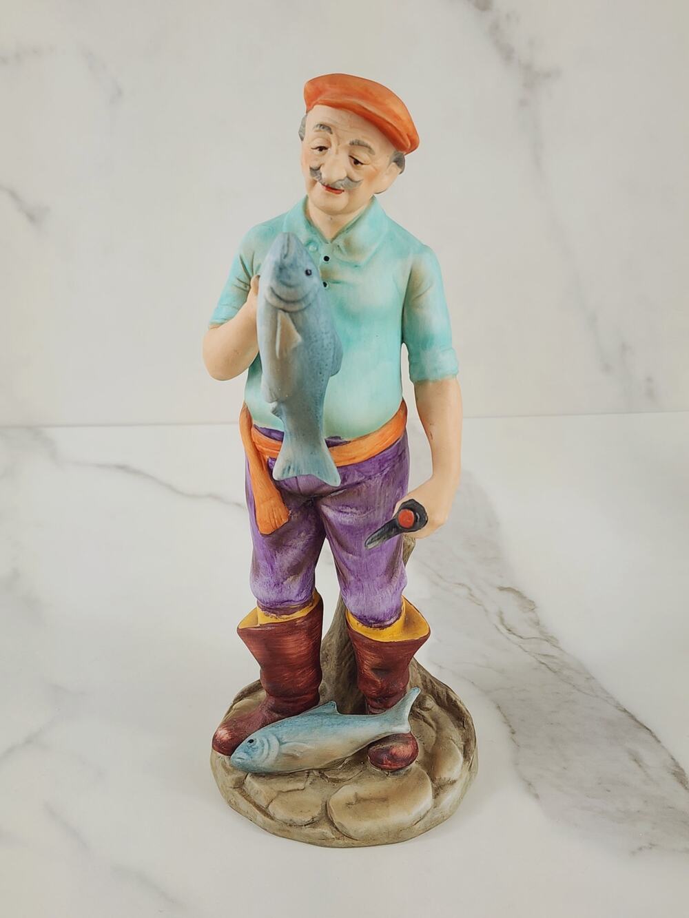 Lefton Fisherman Figurine 8 1/2" Ceramic 90s Farm Home Decor Japan Vintage